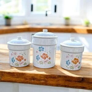 Vintage Set Of 3 Treasure Craft Canisters Floral Wildflowers Cottage Made In USA